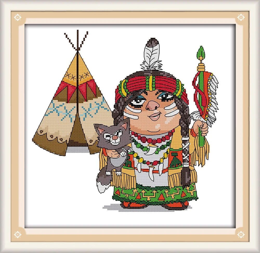 

Indian and a cat Canvas DMC Counted Cross Stitch Kits printed Cross-stitch set Embroidery Needlework