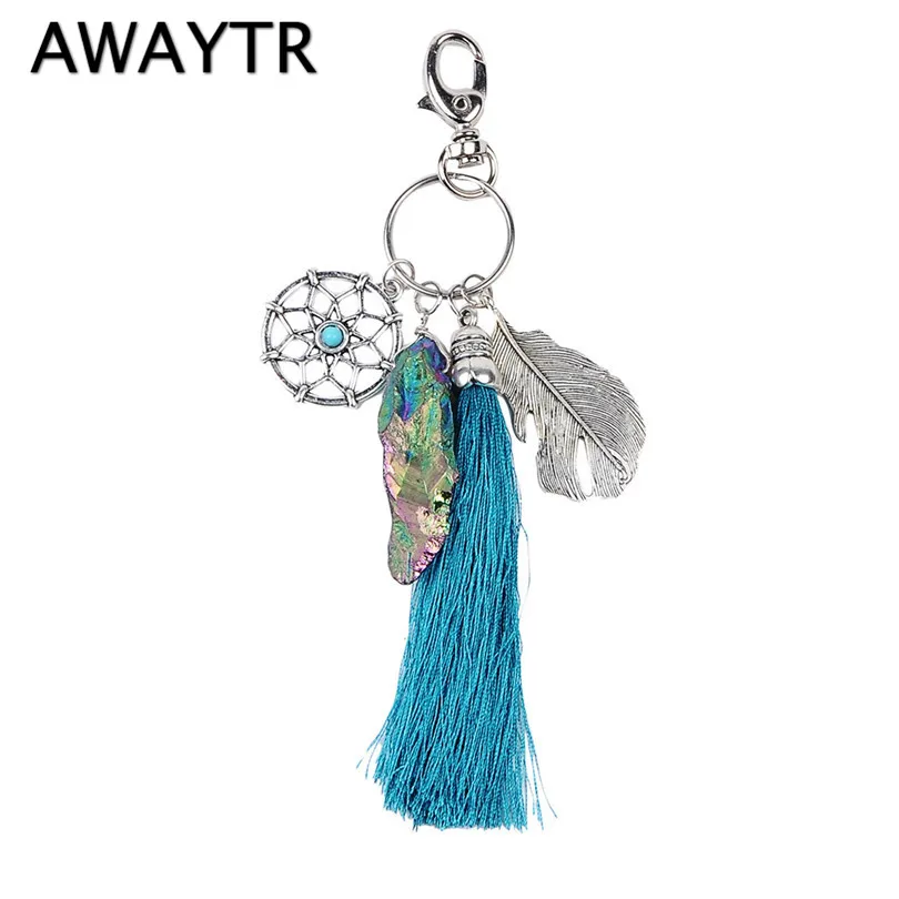 

AWAYTR Vintage Key Chain for Women Tassel Keyring Dream catcher Keychain Natural Stone Bag Ornaments Fashion Accessoires Trinket