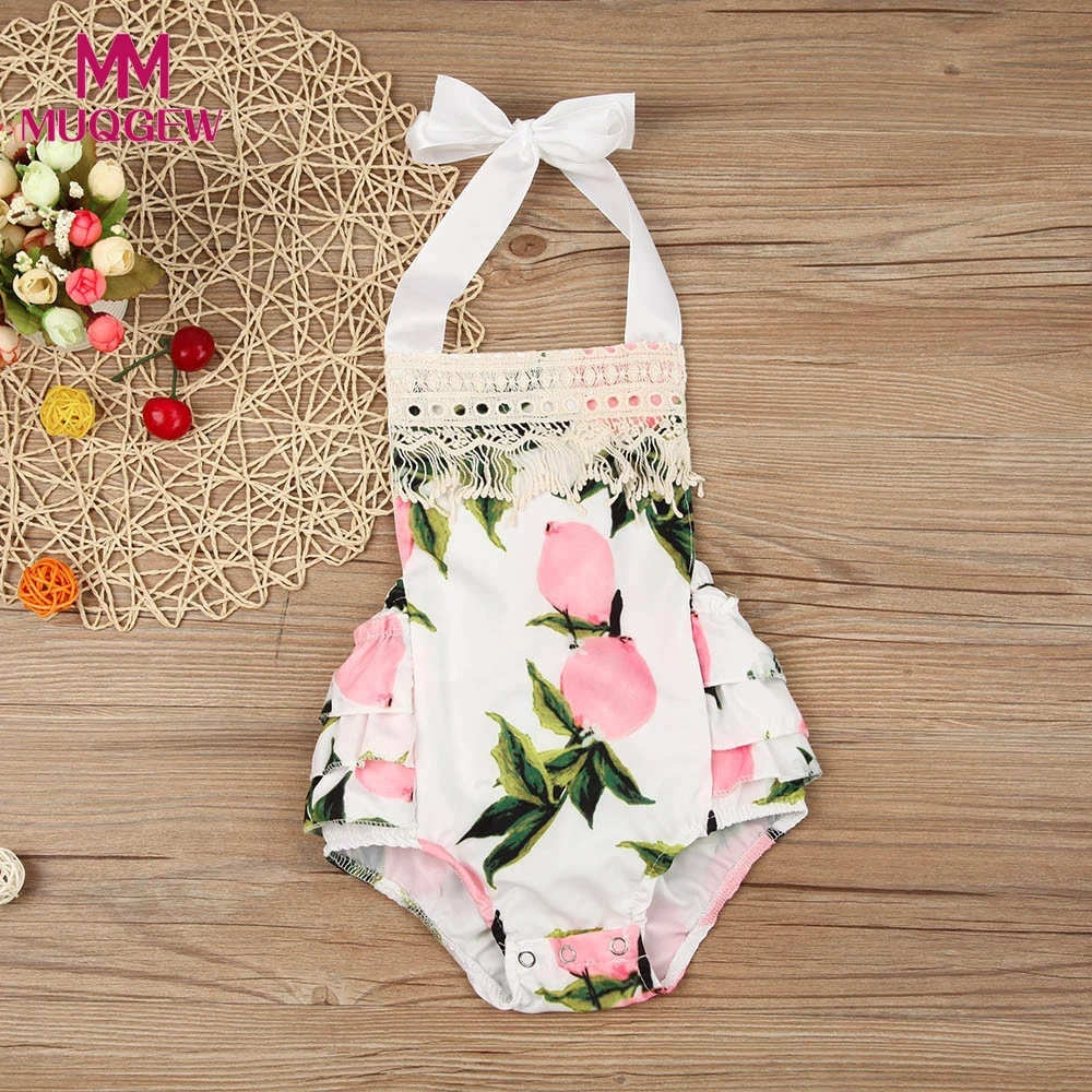 

Newborn Baby Girl Lemons Print Halter Romper Jumpsuit Clothes Outfits Costume