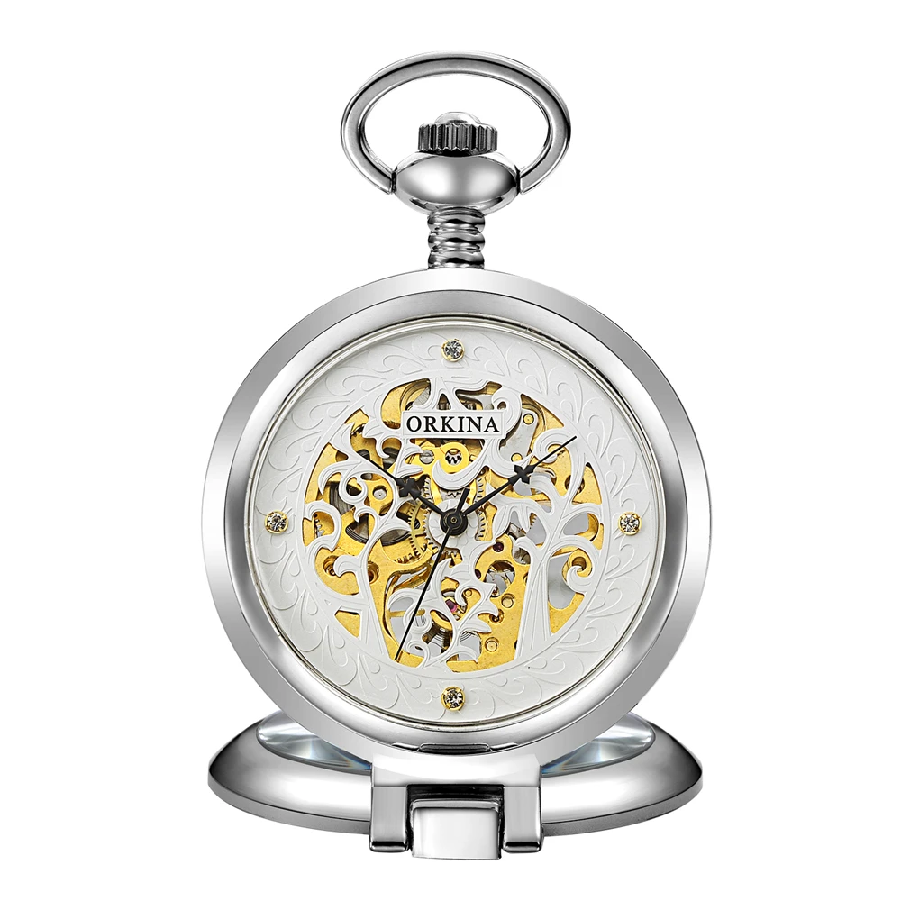ORKINA античный скелет механические подарочные карманные часы Мужская цепочка ожерелье деловые повседневные карманные часы роскошные часы - Цвет: Серебристый