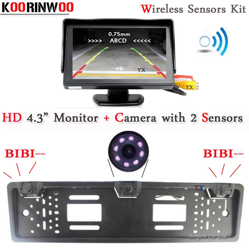 

Koorinwoo EU Wireless parking Sensors 2 Parktronic European License Plate Frame Rear view camera Alarm Kit Car Monitor Mirror