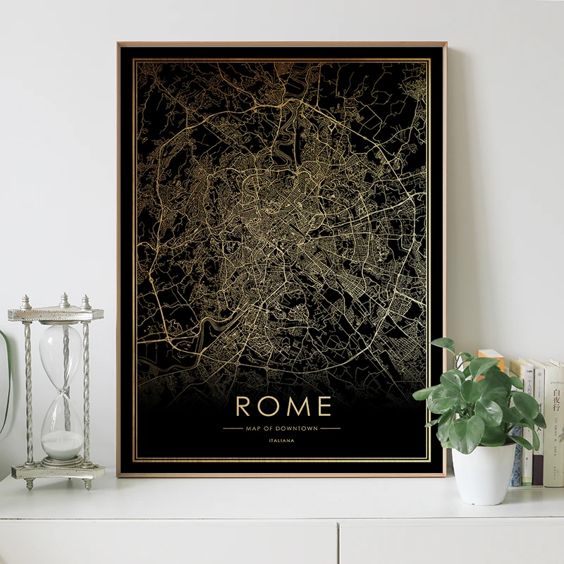 Римская Карта города плакат настоящая Золотая фольга карта мира принты для настенного искусства холст Декор картина для скандинавского стиля гостиная подарок