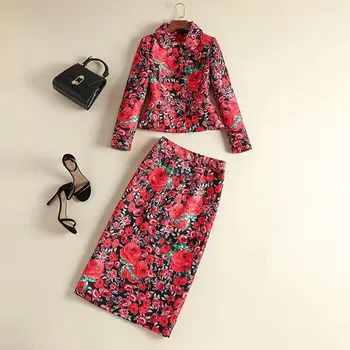 

Autumn 2019 new European and American women's wear long-sleeved lapel jacket skirts Fashionable rose jacquard suit