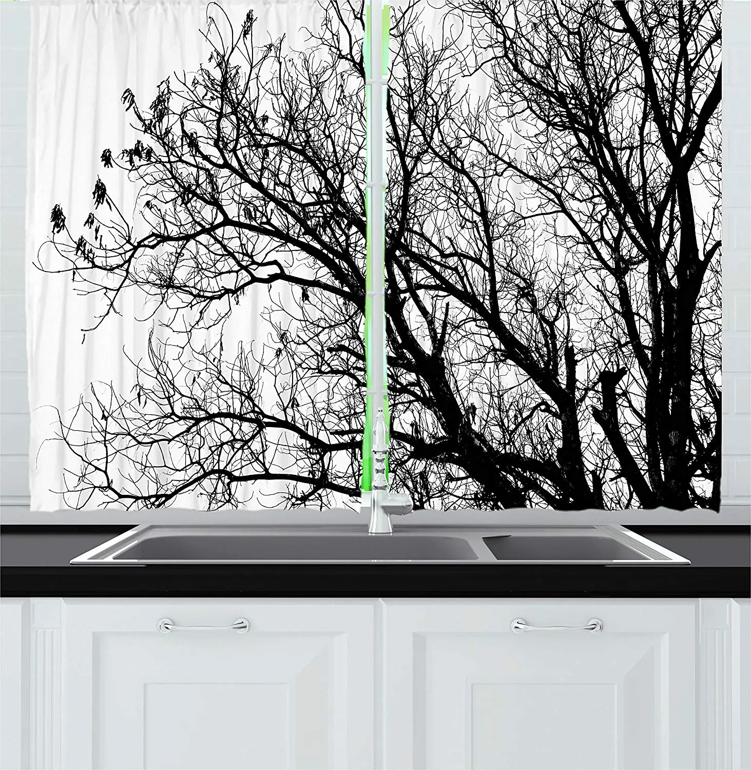 

Nature Kitchen Curtains Leafless Autumn Fall Tree Branches Tops Oak Forest Woodland Season Eco Theme Window Decor Panels Set