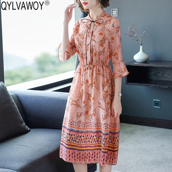 

Summer 100% Silk Dress Women Clothes 2020 Vintage Korean Floral Midi Dress Elegant Ladies Dresses Pink Dress Vestidos NFSM49307