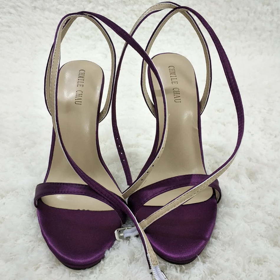 Женские босоножки на высоком тонком каблуке-шпильке; пикантные вечерние туфли с открытым носком с ремешком на щиколотке и пряжкой; фиолетовые атласные туфли; 3845-i3