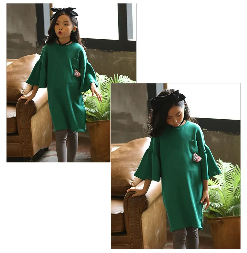 teenage girls long sleeve dresses with pockets autumn spring 2018 brown green long sweatshirts hoodies dress baby girl clothes (13)