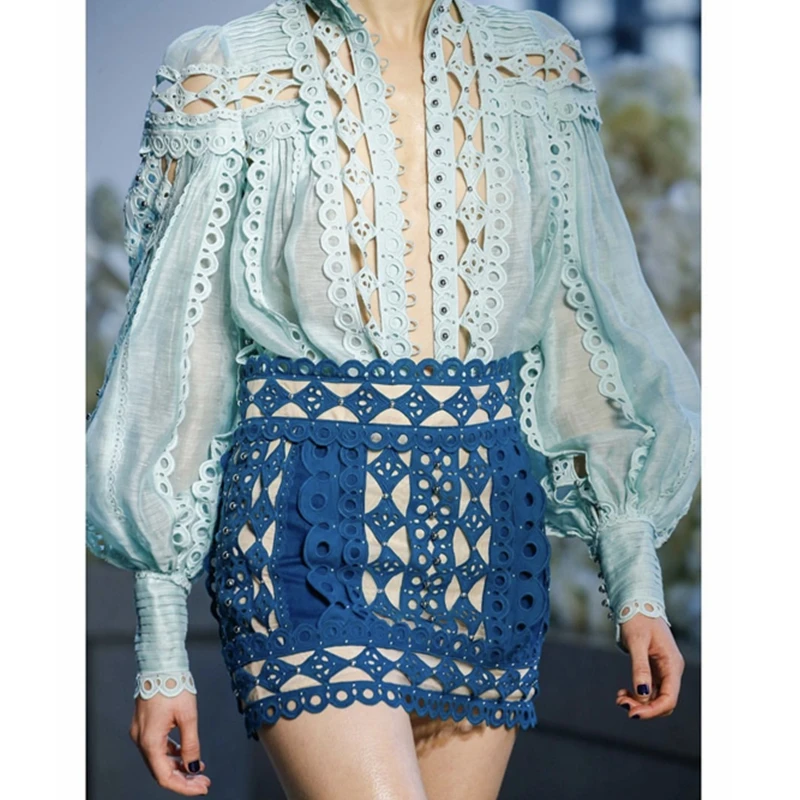 

2019 New Summer Women Blue White Beading Skirts Short Mesh Hollow Out Patchwork Clubwear Causal Fashion Party Night Wholesale