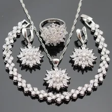 Color de plata Juegos de Joyería Flor Blanca CZ Pendientes de Gota Pulseras Set Collar Colgante Anillos Para Las Mujeres Caja de Regalo Libre