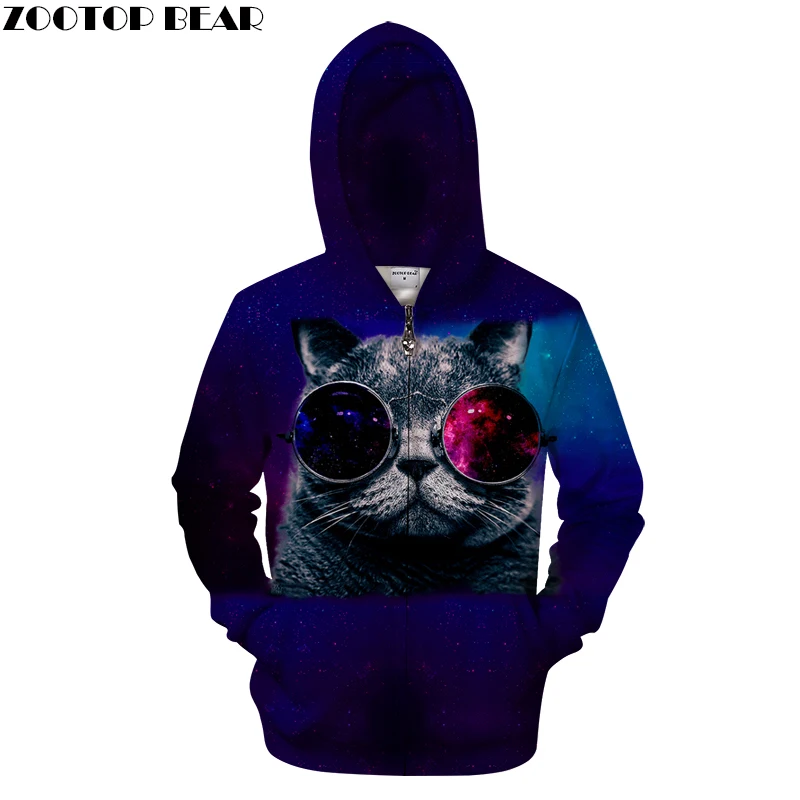 Glasses Cat Hoodie Zip Hoody Men Zipper Sweatshirt 3D Pullover Funny