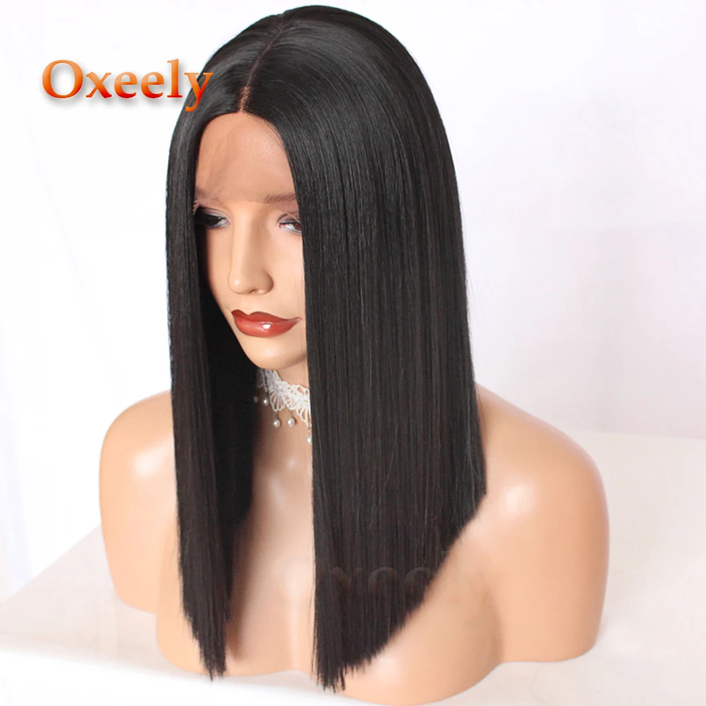 Волнистый черный короткий Боб, прямой парик, синтетические парики на кружеве, бесклеевые с 50% волосами яки, термостойкие для модных черных женщин