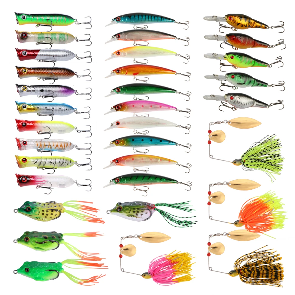Goture 33pc Fishing Lure Kit Minnow Popper Crankbait Spinnerbait Frog Lure Metal Spoon Squid