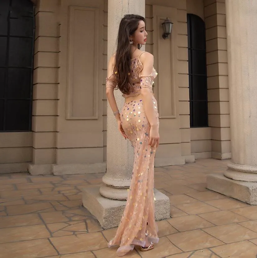

2019 Professional Elegant Dancer Competition Costume Champagne Long Skirt Shine Sequin Short Sleeve Top Fairy Show Outfit