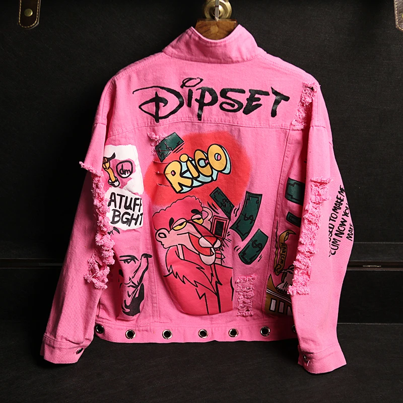 

2018 Spring Autumn New Women Hole Chain Denim Jackets Letter Graffiti Cartoon Print Rose Pink Jacket Personality Coat DZ080