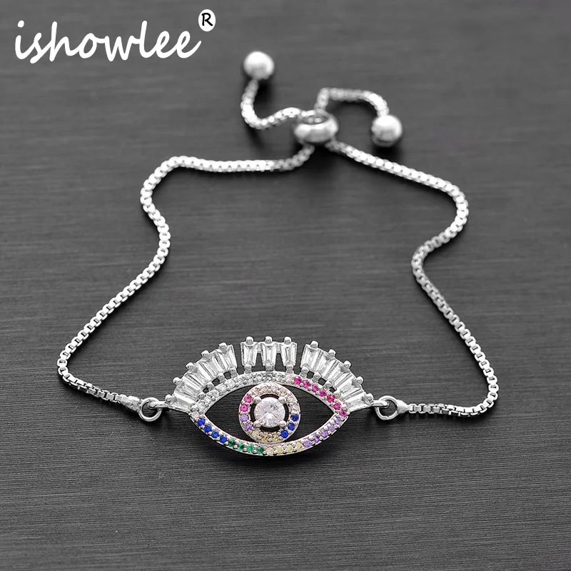 

ISHOWLEE Large Evil Eye Charm Bracelets with Gems Pave Natural Zirconia Chain Bracelets for Women New Turkish Eye Jewelry slb22