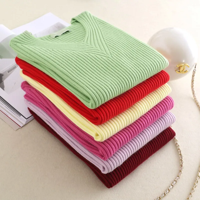 

NEW Autumn Winter Women Pullovers Sweater Knitted Elasticity Casual Jumper Fashion Slim V-neck Short Female Bottom Sweaters AA28
