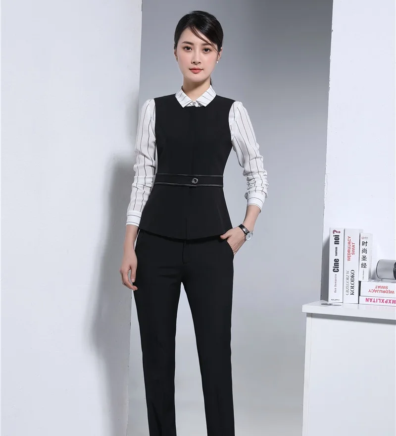 2 Piece Set Women Business Suits with Pant and Top Sets Vest & Waistcoat Black Elegant Office