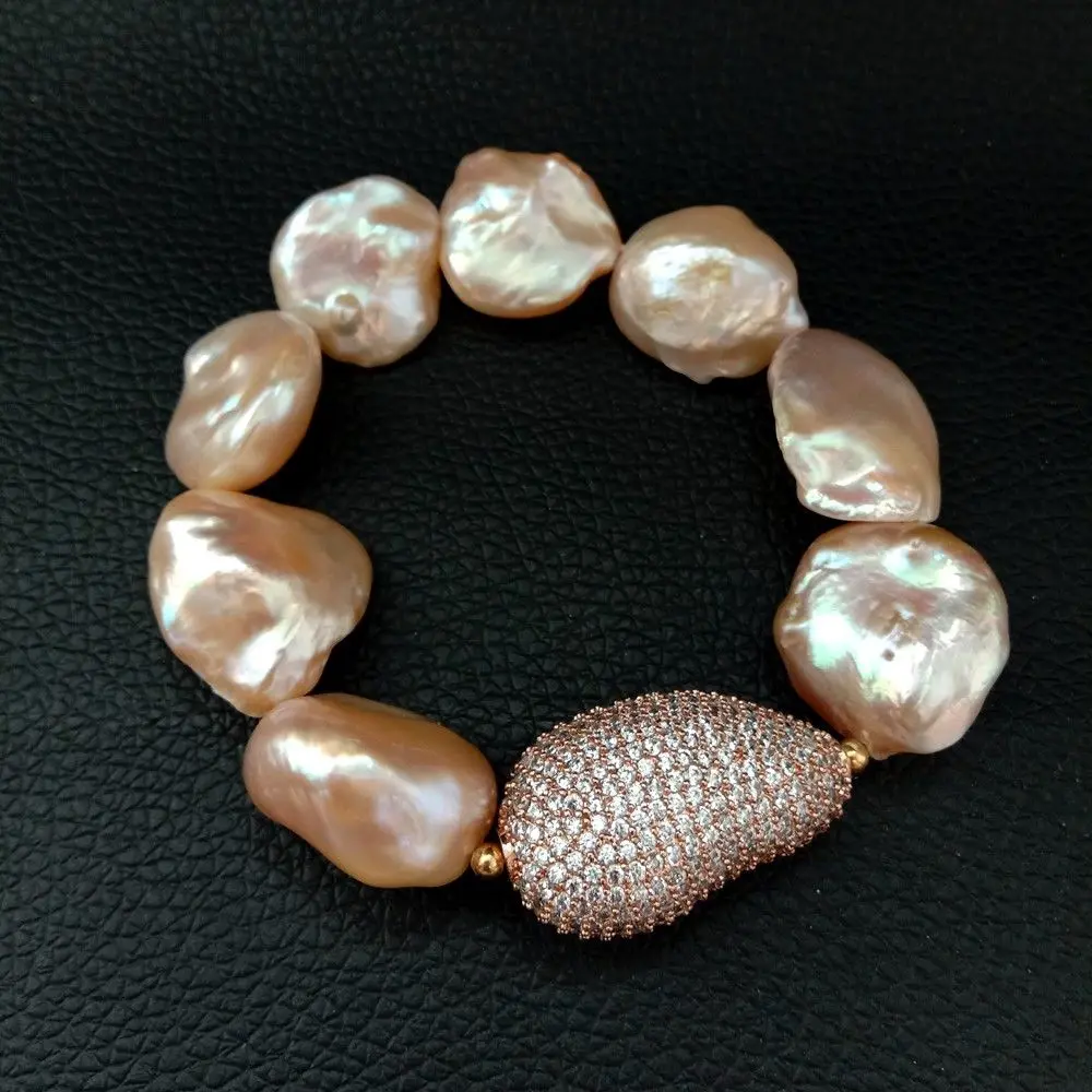

18x23MM 8'' Pink Keshi Pearl Stretch Bracelet CZ Connector