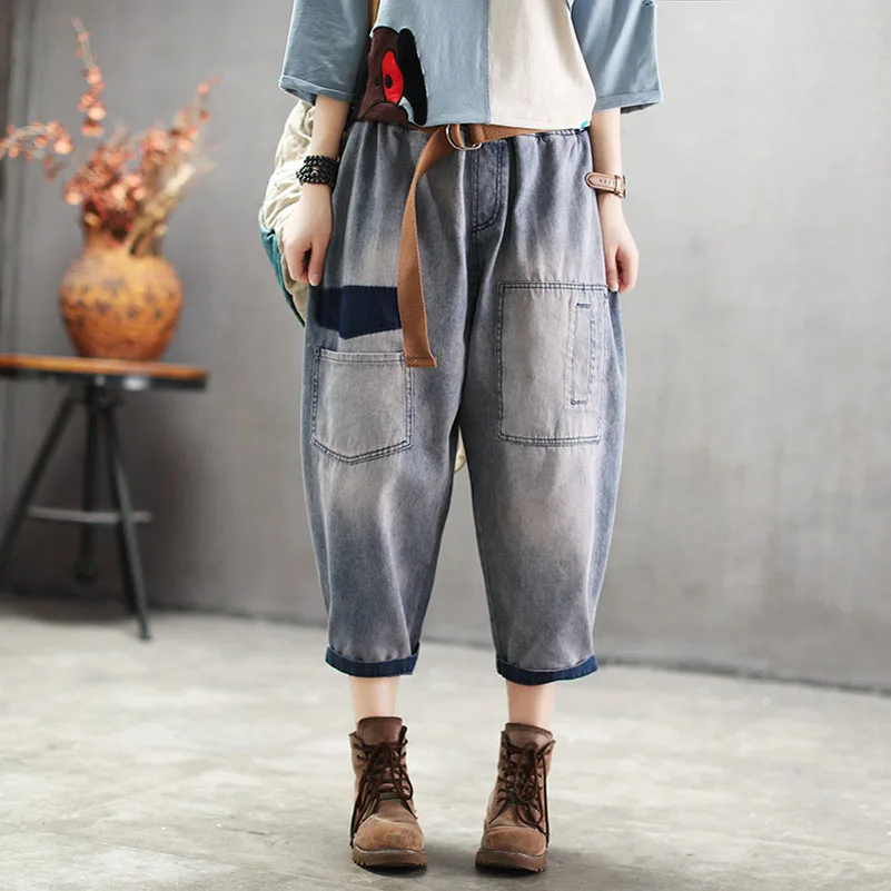 

QPFJQD Streetwear Loose Women Harem Jeans Belt Waist Personality Female Vintage Denim Pants Patchwork Ladies Cowboy Trousers