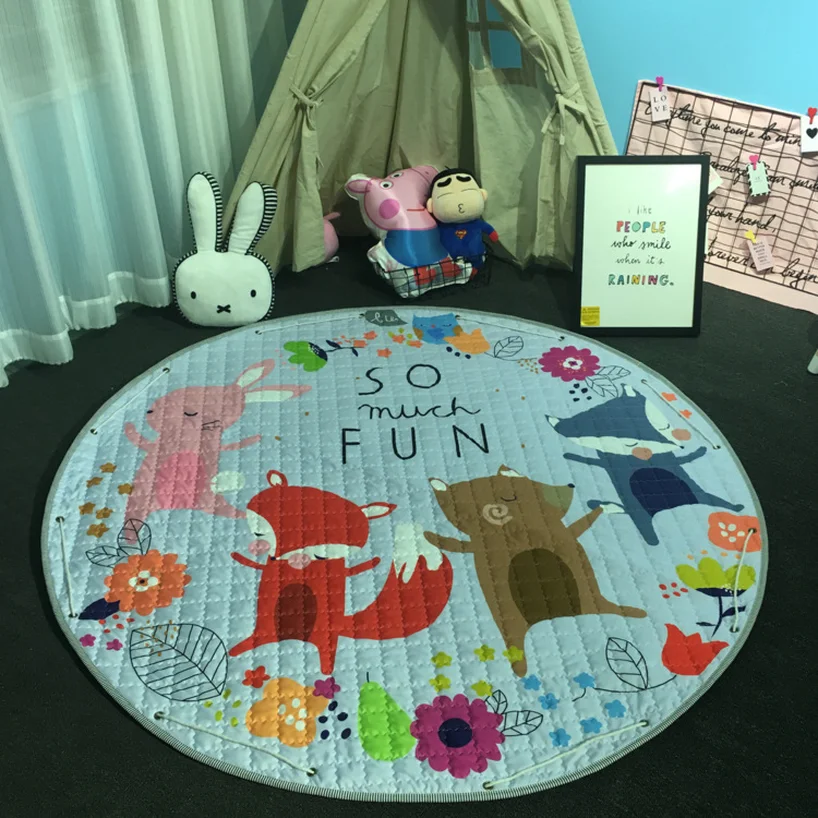 

150CM Cartoon Animals Fox Sheep Rabbit Owl Baby Play Mats Child Crawling Blanket Carpet Toys Storage Bag Nordic Kids Room Decor