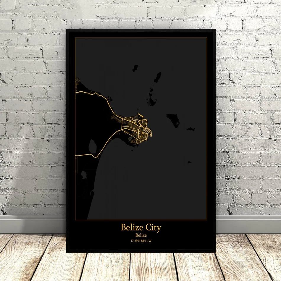 Belize city map Black and Gold City Map Modern Canvas Art Print Wall Pictures for Living Room No Frame | Дом и сад