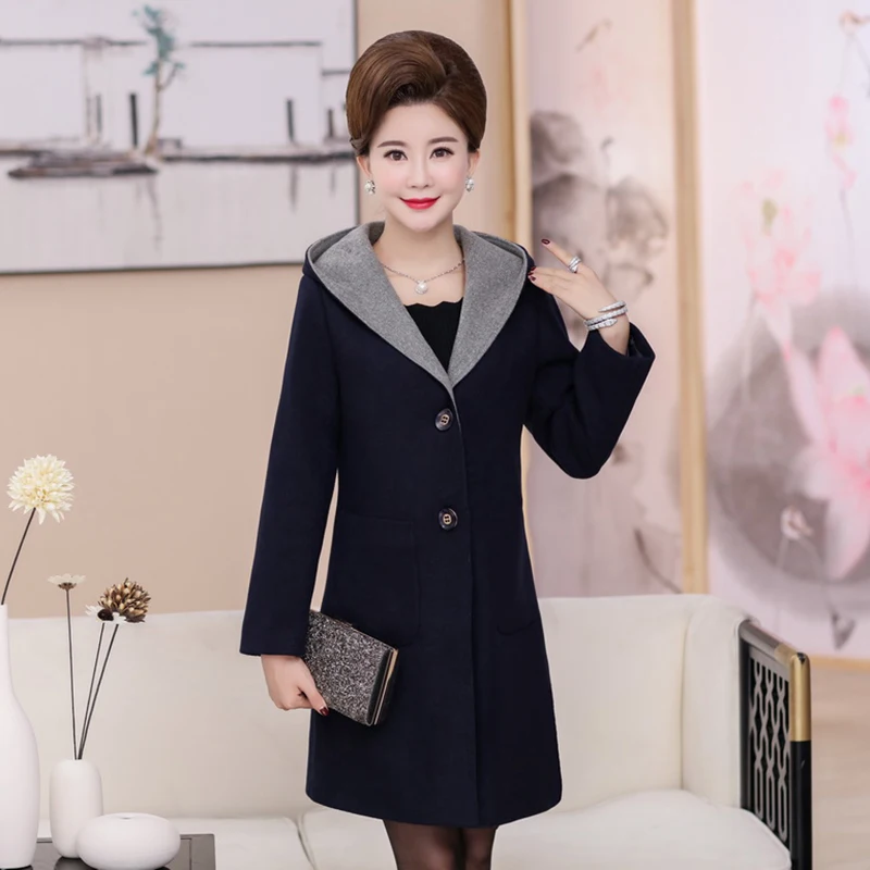 Autumn Winter Woolen Coat Women Hooded New Middle-aged Mother Clothes Long Slim Wool Coat Womens windbreaker Plus Size coat 5XL