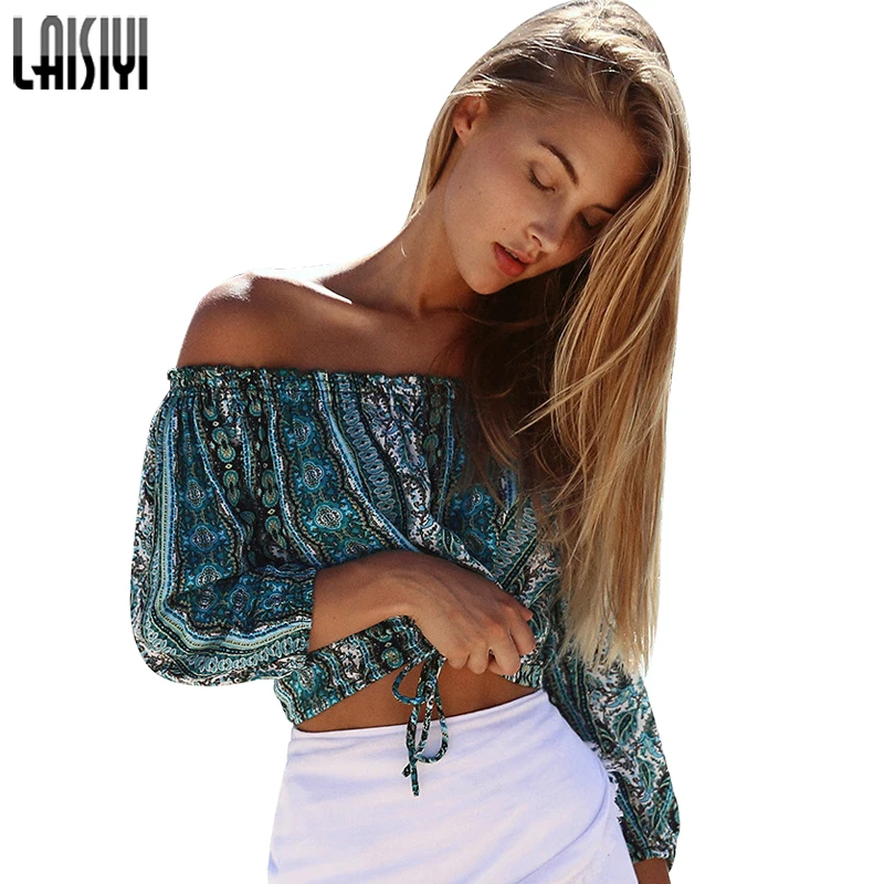 

LAISIYI Vintage Slash Nech Sexy Bohemian Blouse Off Shoulder Shirt Women Summer Tops Blusas Mujer Beach Boho Blouses ASBL20134
