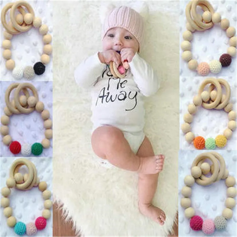 Anneau de dentition en bois naturel 1 pièce | Perles en Silicone, Bracelet de tissage manuel, jouets bio pour nourrissons, cadeau neutre, soins bébé