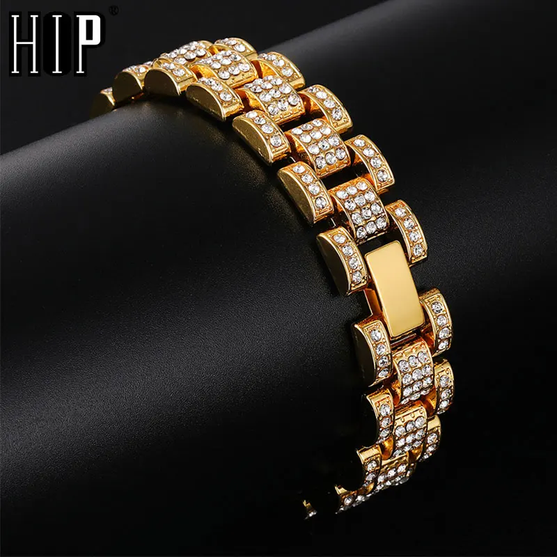 

Hip Hop Iced Out Bling Gold Silver Full Rhinestones Watch Band Link Chain Bracelets Bangles for Men Rapper Jewelry
