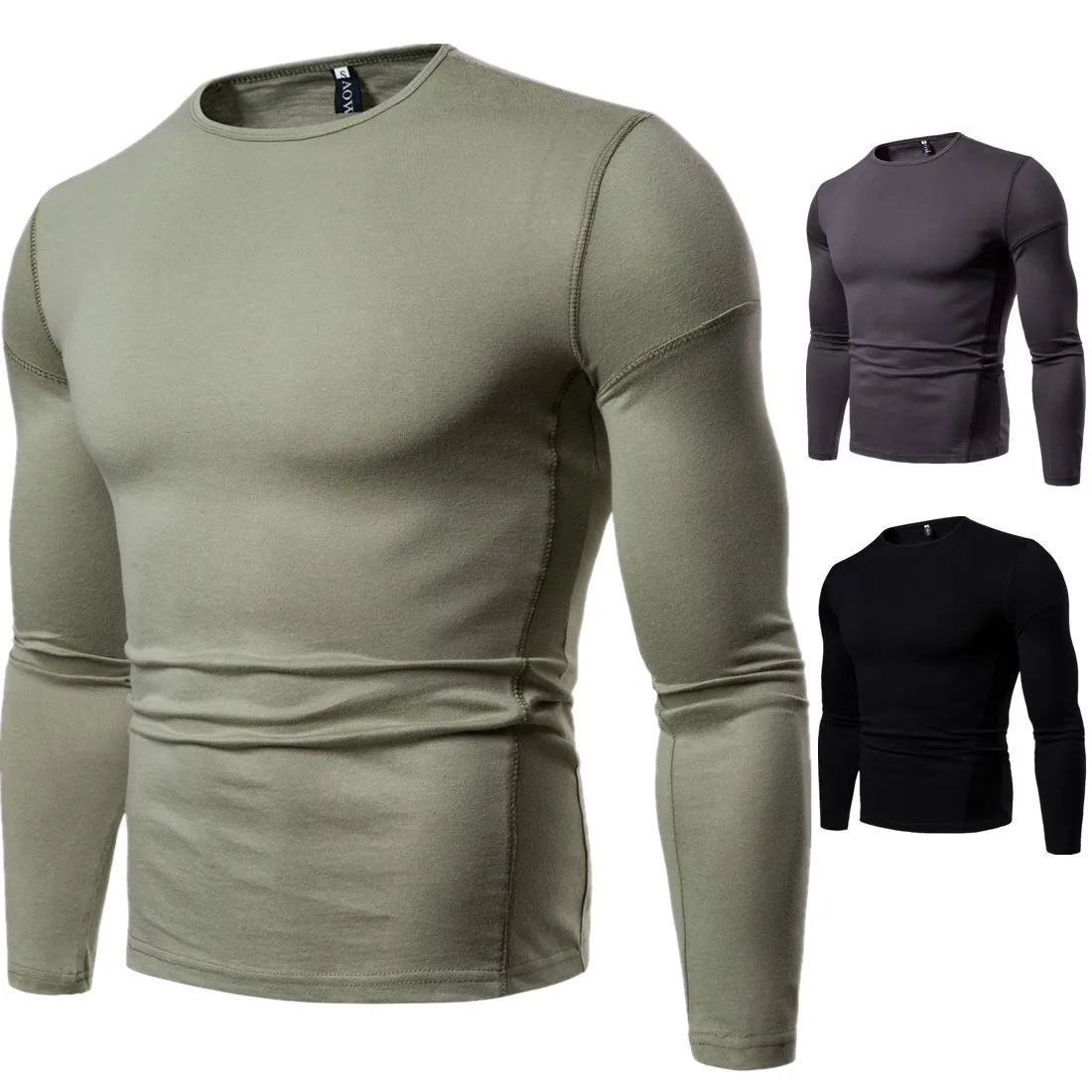 

Men's Long-sleeved T-shirt Solid Color European Code Cotton T-shirt Round Neck Wild Shirt Bottoming Shirt YT026