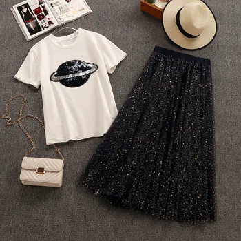 

New Summer Fashion Women's Set Elegant Short Sleeve Sequin Planet T-shirt + Fairy Long Gauze Skirts Skirt and Top Students Suits
