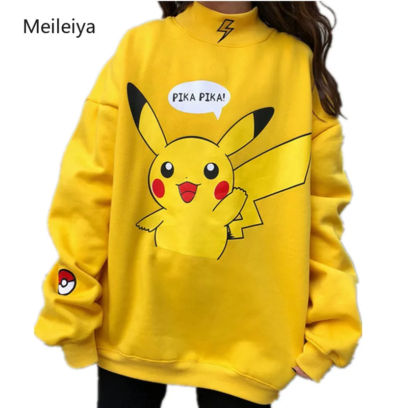 

2019 Autumn Women Hoodies Turtleneck Pikachu Print Sweatshirts Harajuku Fashion Kawaii Tops Cartoon Pokemon Couples Pullovers