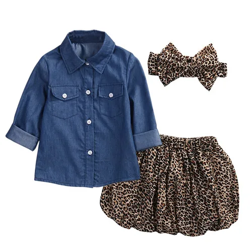 Комплект одежды из 3 предметов для маленьких девочек Джинсовая рубашка леопардовые шорты с длинными рукавами повязка на голову, комплект повседневной одежды, От 1 до 5 лет - Цвет: Многоцветный