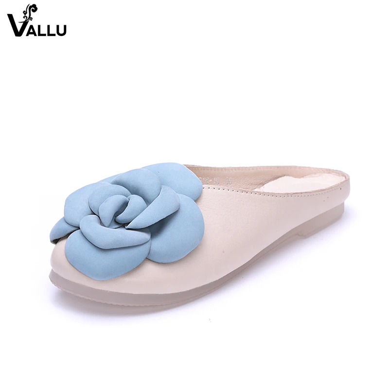 

Big Floral Slide Sandals Female 2018 Natural Leather Summer Slippers For Women Closed Toe Handmade Casual Lady Rose Shoes