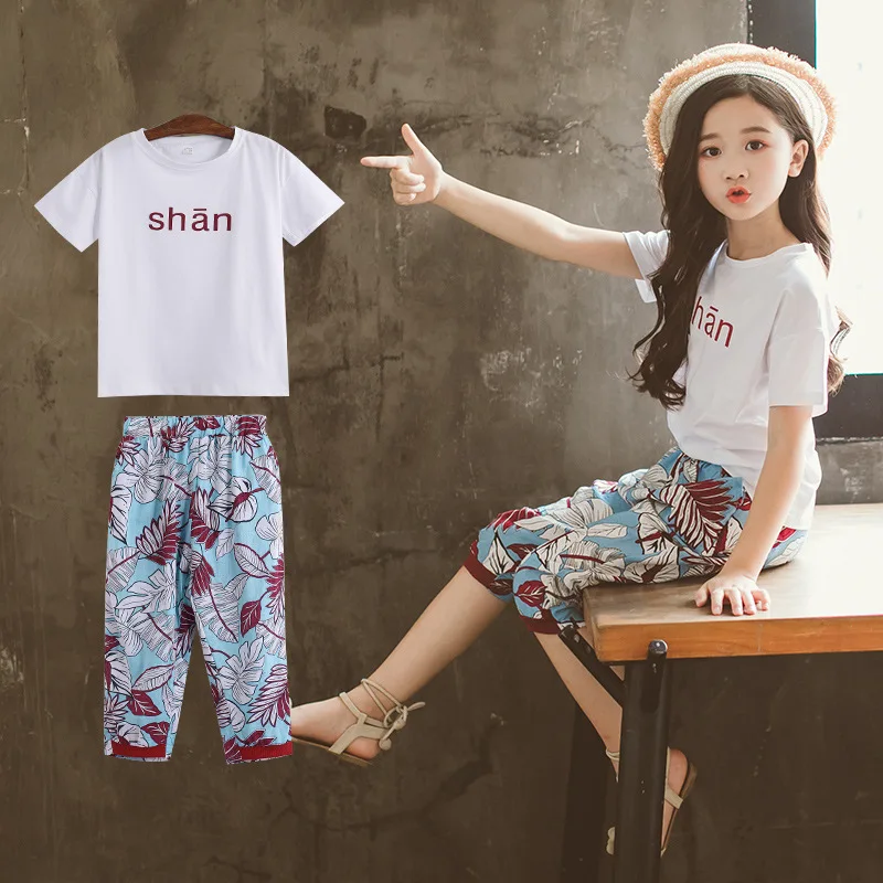 

Girl's summer dress new fashionable set girl's pure cotton short sleeve children's fashion flower pants two sets