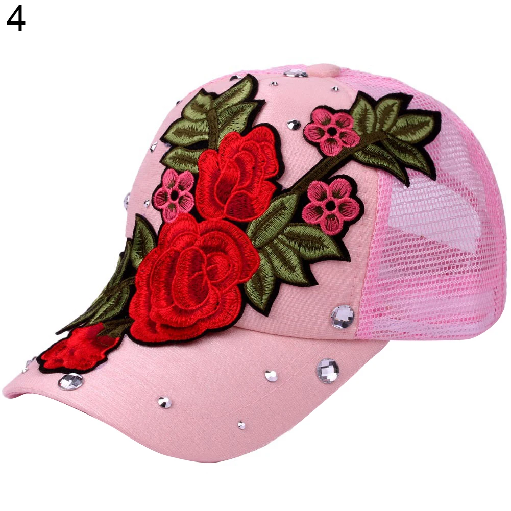 Роза, вышивка Цветочная Bling бейсбольная кепка со стразами Snapback Женская солнцезащитная Кепка