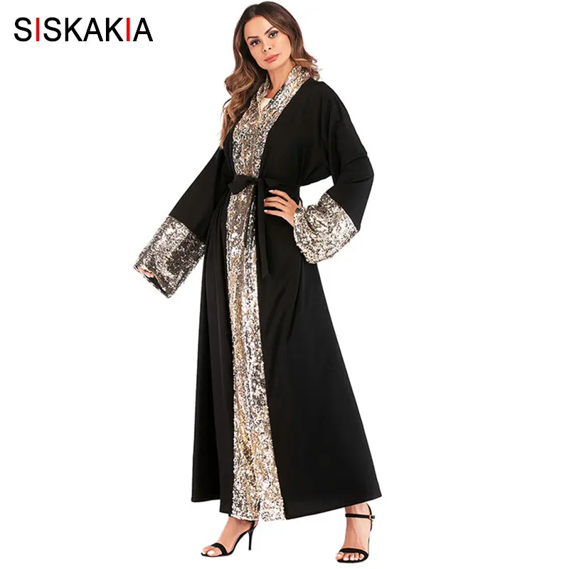 Женский мусульманский кардиган Siskakia кафтан лоскутного покроя с блестками и