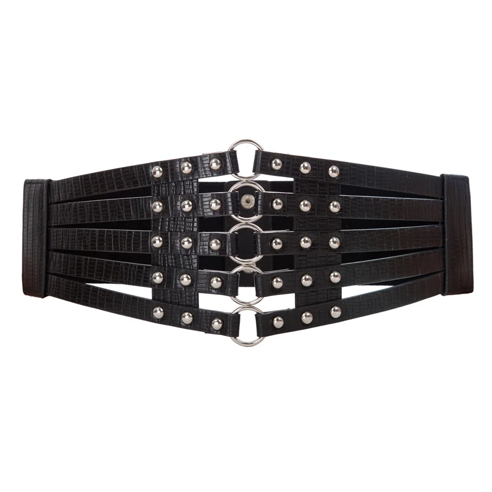 

Women Vintage Belt Studs Embellished Polyurethane Leather Stretchy Elastic Waist Belt 2018 Fashion Black Brown Ladies Waistband