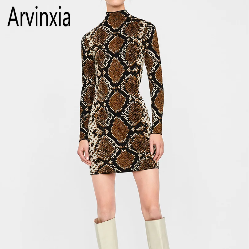 

Arvinxia ZA Sexy Snake Skin Printed Women Sheath Dresses New O Neck Long Sleeve Lady Dress Chic Knitted Slim Femme Midi Vestidos