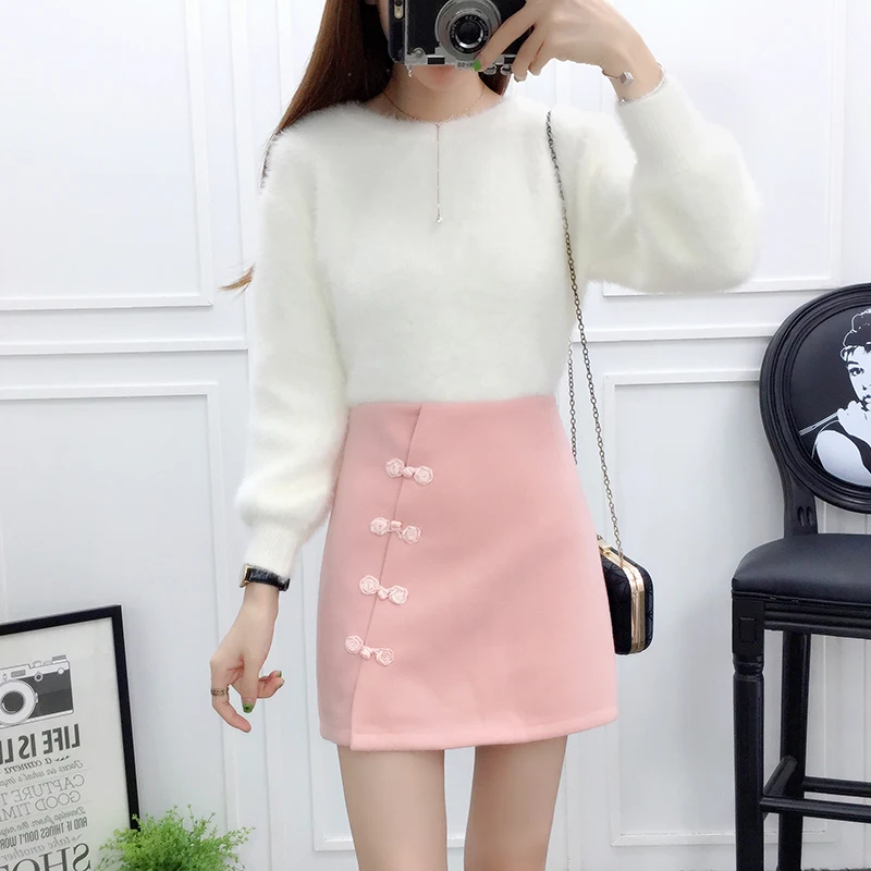  A Woman Sweater Clothing Set New Autumn Winter Pullovers White Knitwear Top Buttons Bust Skirt Suit