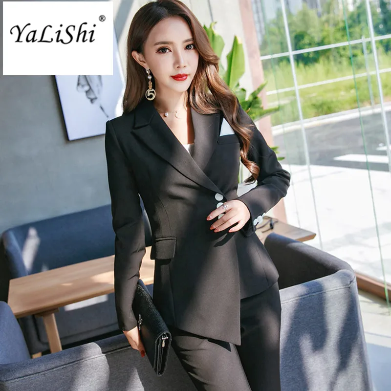 Formelle 2018 De Deux Femmes Pantalons Mince Haute Noir Pièces Uniforme Vêtements Bureau D'affaires Casual Pantalon Qualité Costumes Travail Ensembles Rxw7vBR