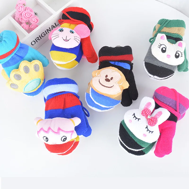 2-6 Years Kids Gloves Boys Girls Plus Velvet Knitted Gloves Fingerless Winter Plush Warm Mittens Cute Cartoon Children Gloves