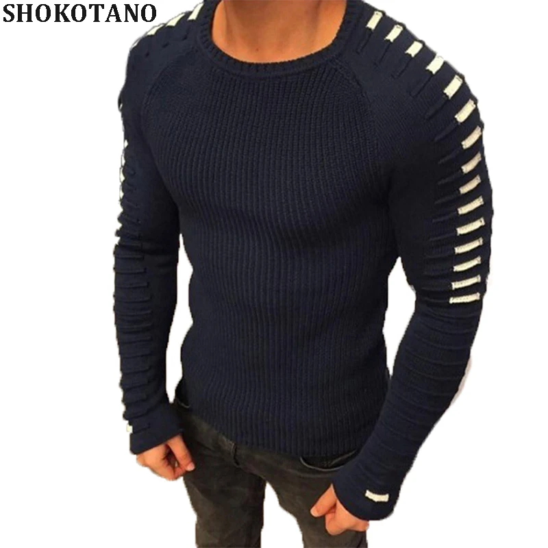SHOKOTANO Для мужчин плеча Свитер в полоску 2018 осенью новый Дизайн стильный Для мужчин свитер Spelcing Тонкий Тощий Hipster мужской свитер Топы