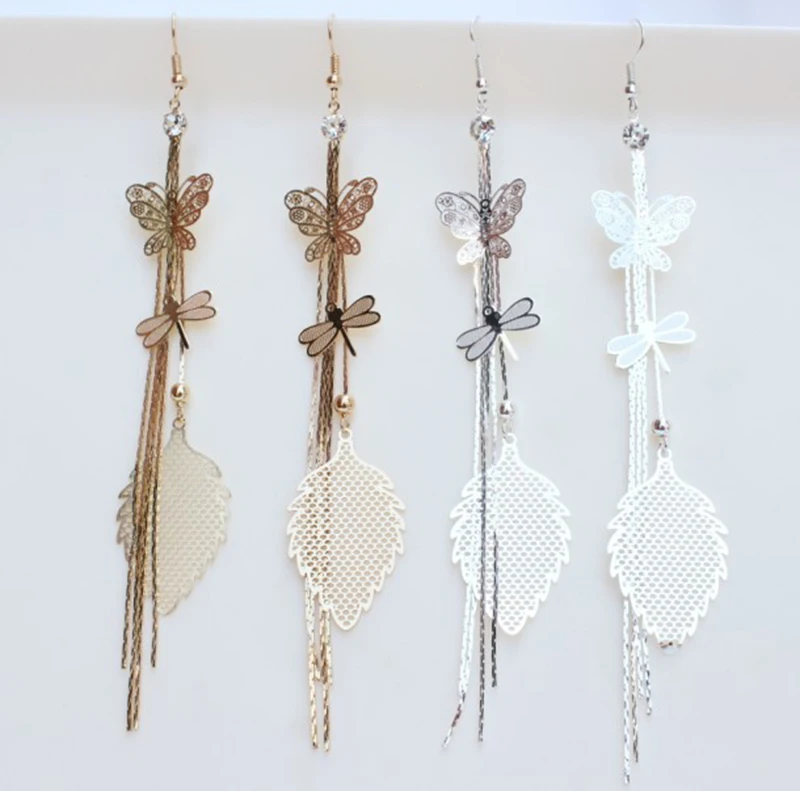 

Classic Rhinestone Butterfly Dragonfly Leaf Drop Long Tassels Drop Dangle Earrings Chain Linear Earrings Women Jewelry Fashion