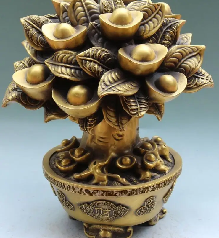 

6711002++17" Chinese Palace Bronze Fengshui Wealth Money Tree Yuanbao Coin Treasure bowl