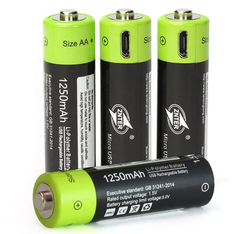 

AA Rechargeable Battery USB Lithium Polymer 1.5V 1250mAh ZNT5 Universal Battery by Micro USB Cable Charging with Charging Cable