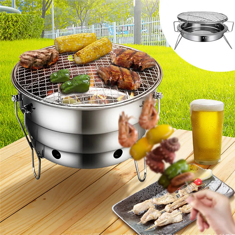 Horno de barbacoa de acero inoxidable al aire libre portátil redondo plegable estufa de Picnic calefacción Camping utensilios de cocina Kamp