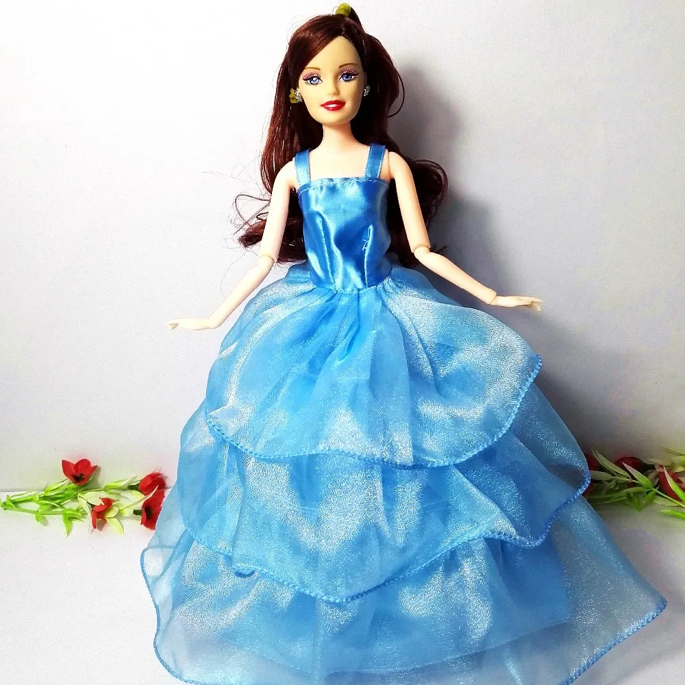 1pc Barbie Doll + Dress /Luxury wathet blue Lace Bride Doll Multi layer Evening Gown For Barbie