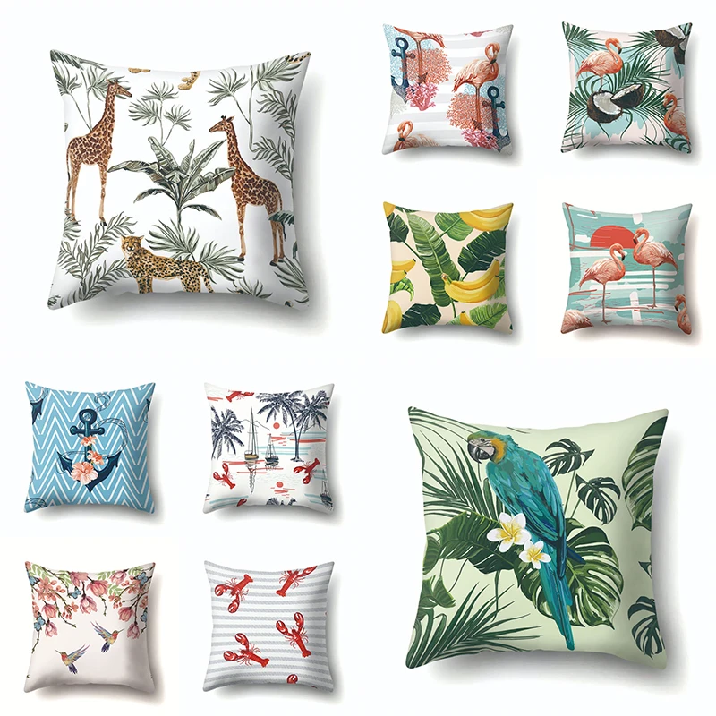 

Pink Animals Printed Anchor Cushion Cover Polyester Flamingo Throw Pillow Covers Decorative Cushions Home Decor Trees Pillows