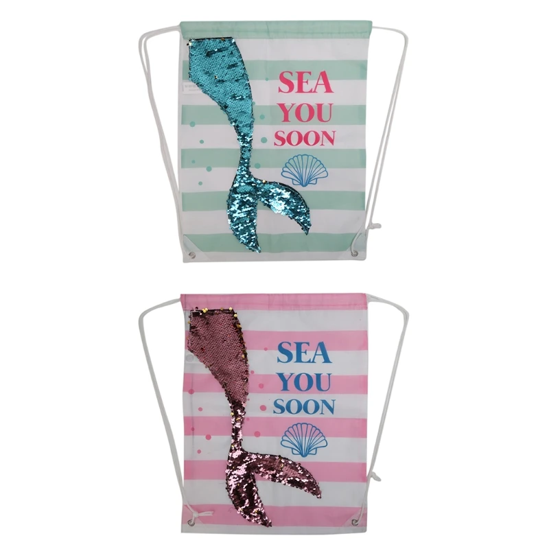 

THINKTHENDO Mermaid Sequins Drawstring Backpack Women School Beach Travel Shopping Bag
